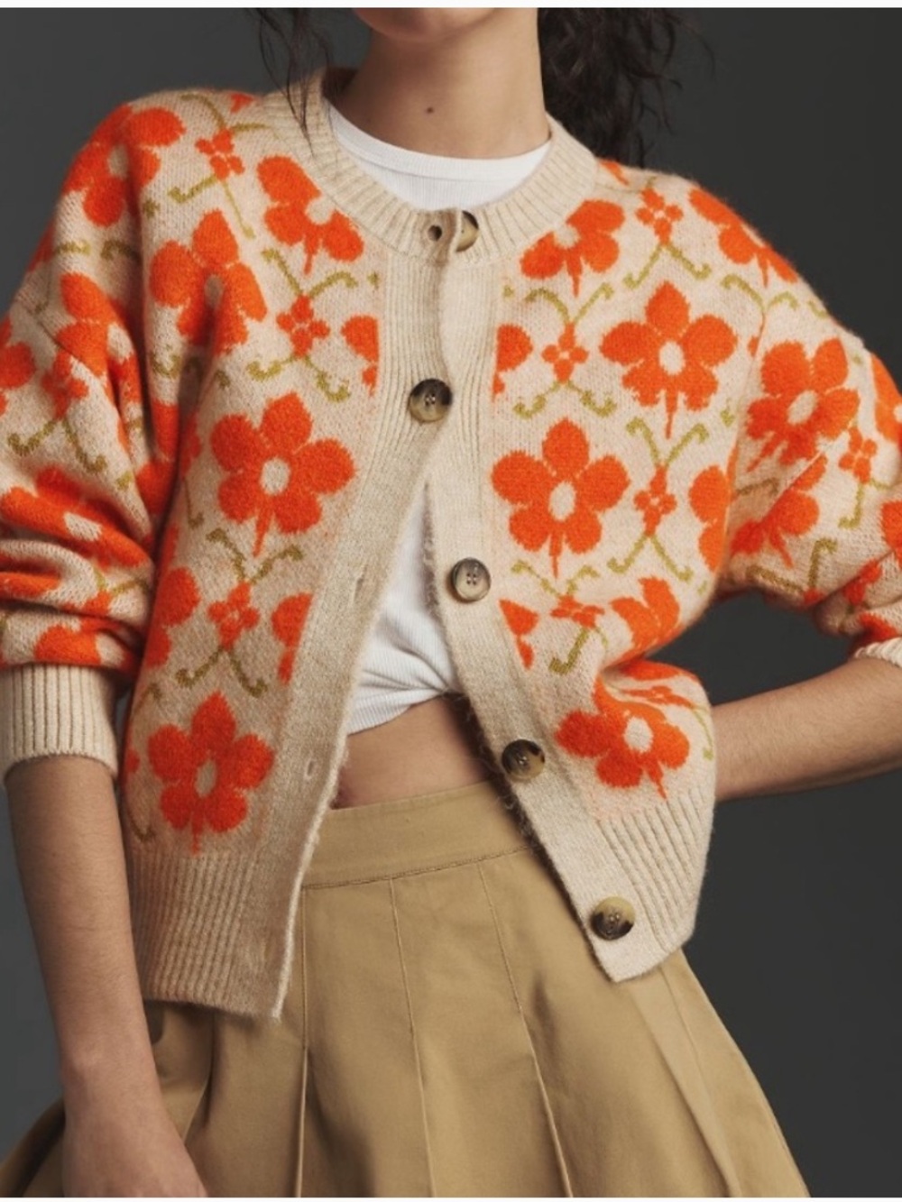 Maeve By Anthropologie Pop Floral Orange Retro Motif Cardigan